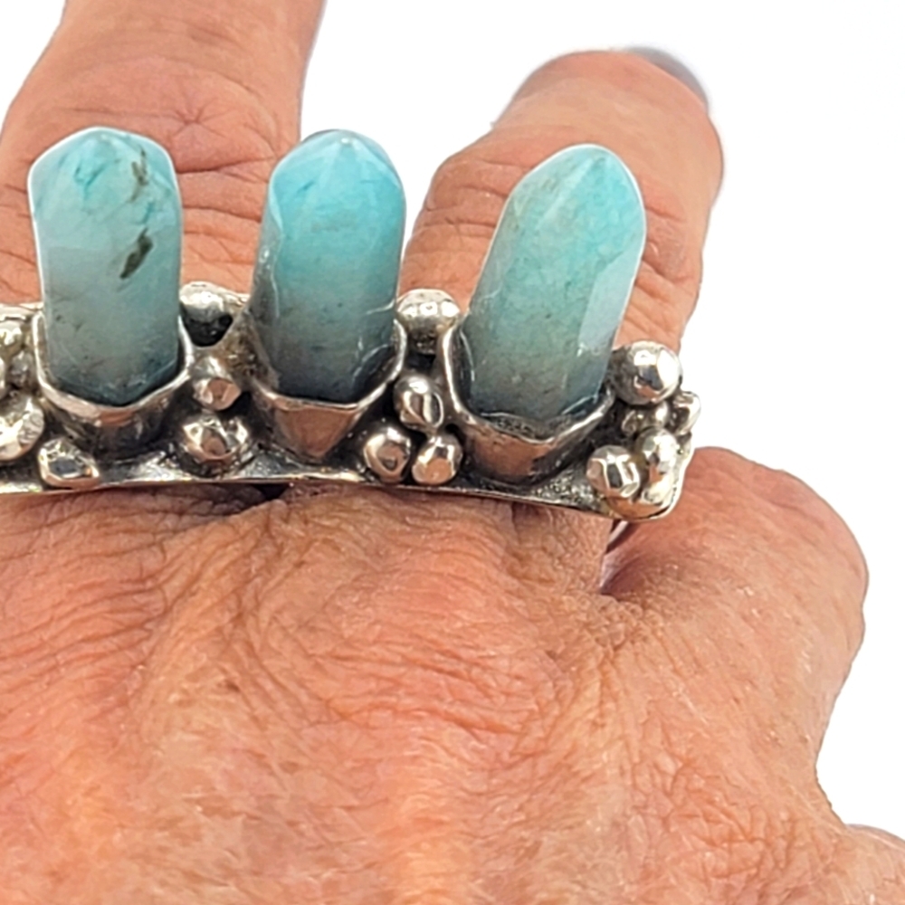 3 SPIKES AQUAMARINE DOUBLE RING BAND HANDMADE IN STERLING SILVER METAL 8.5 & 7.5 - Picture 3 of 11